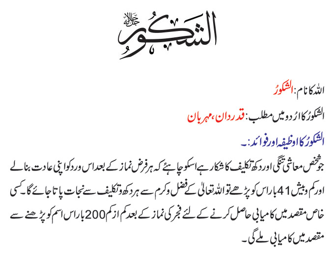 Benefits of Wazifa of Ash Shakur in English and Urdu